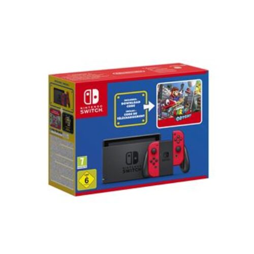 Consola Nintendo Switch roja + código de descarga de Super Mario Odyssey + pegatinas de Super Mario Bros. La película