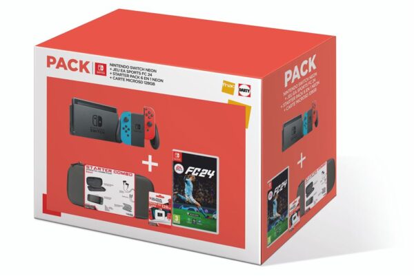 Paquete de consola Nintendo Switch rojo y azul neón + juego EA Sports FC 24 + paquete de inicio Neon 6 en 1 + tarjeta microSD de 128 GB - Imagen de 2