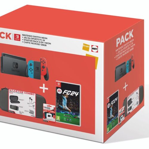 Paquete de consola Nintendo Switch rojo y azul neón + juego EA Sports FC 24 + paquete de inicio Neon 6 en 1 + tarjeta microSD de 128 GB