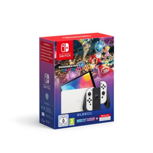 Paquete de consola Nintendo Switch con modelo OLED blanco + juego Mario Kart 8 Deluxe preinstalado + una suscripción de 12 meses a Nintendo Switch Online