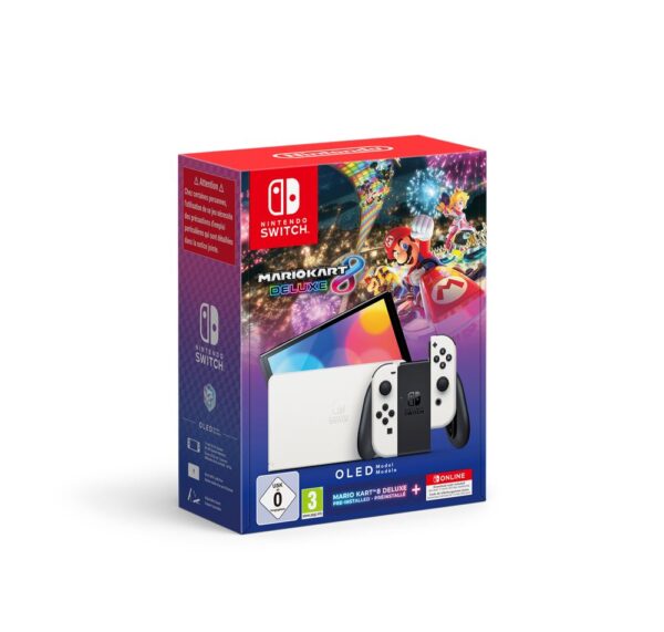 Paquete de consola Nintendo Switch con modelo OLED blanco + juego Mario Kart 8 Deluxe preinstalado + una suscripción de 12 meses a Nintendo Switch Online